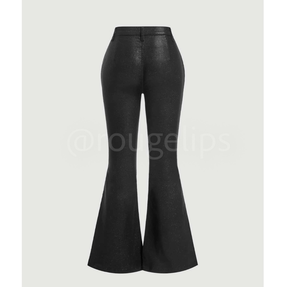 Black Faux Leather Wax Coated Jeans Flared Leg Bell Bottom High Waist - Picture 13 of 16